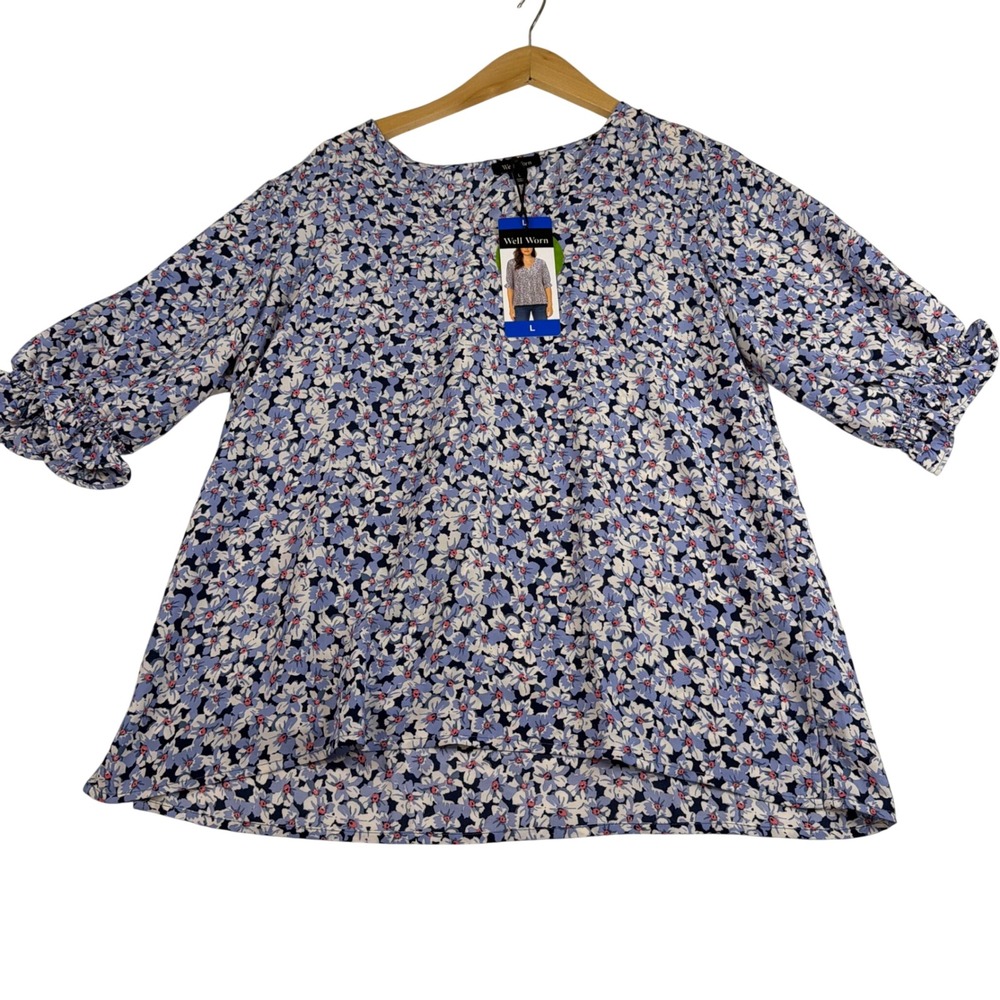Well Worn Blue Floral V-Neck Puff Sleeve Ruffle Blouse Top Large NEW